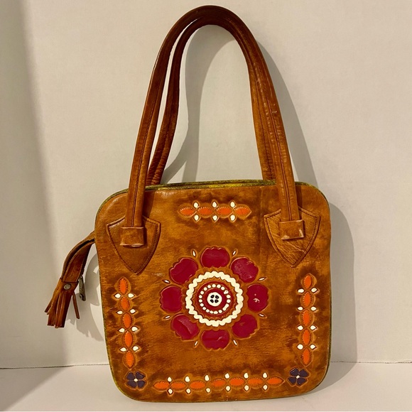 Vintage Mexican Leather Tooled Boho Purse Brightly Painted Flowers Lacing 70’s - Picture 2 of 16